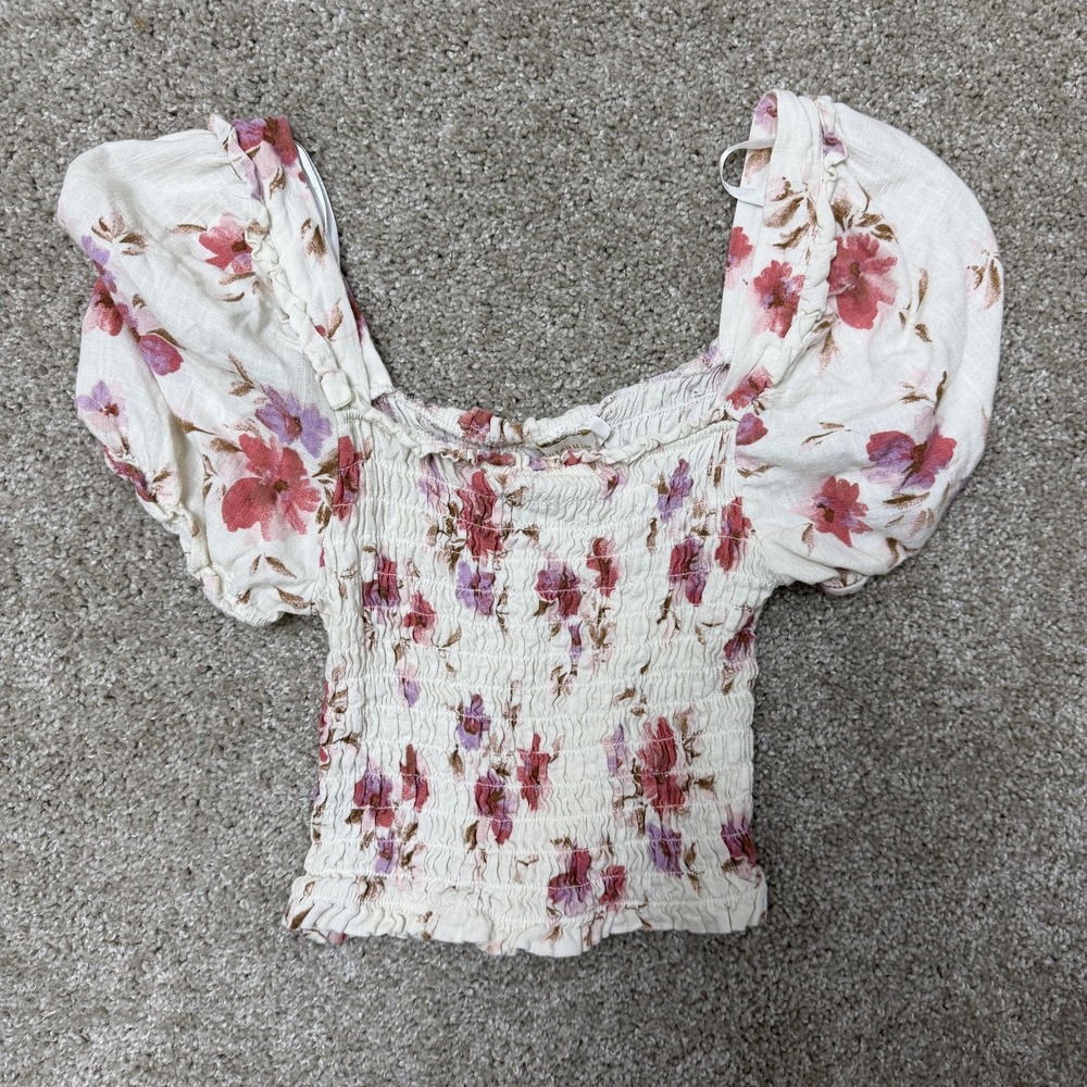 Monteau Blouse Juniors M White Floral Puff Sleeve Smocked Square Neck Top